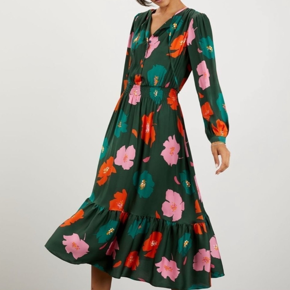 Tucker NYC Juliette Dress in Emerald Painted Poppies 100% Silk Large